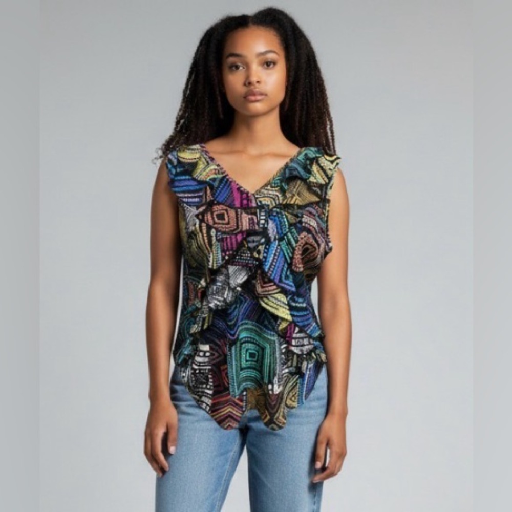 Spence Women’s Sleeveless Ruffle Blouse Size M Africandia Print Multi Flowy
